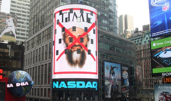 Reklama v New Yorku na zvlátní vydání magazínu Time krátce po dopadení bin Ládina (3. kvtna 2011)