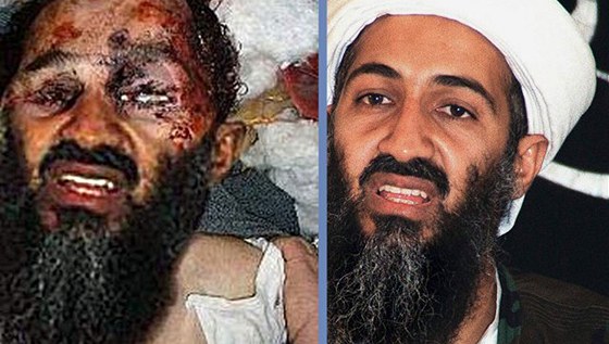Poítaov upravená fotografie mrtvého Usámy bin Ládina (vlevo). 