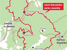 Schematick mapka navrenho umstn a hranice Nrodnho parku Jesenky, kter m zabrat zhruba tvrtinu stvajc chrnn krajinn oblasti.