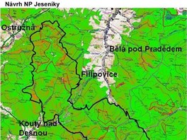 Mapa navrenho umstn a hranice Nrodnho parku Jesenky, kter m zabrat zhruba tvrtinu stvajc chrnn krajinn oblasti.