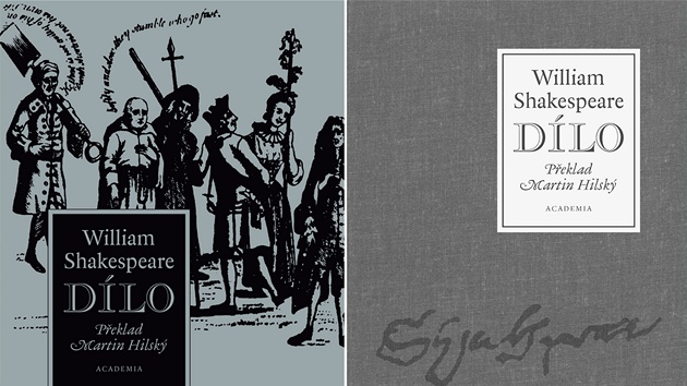 Dílo Williama Shakespeara (vlevo stíbrná krabice s dobovou rytinou, vpravo plátná vazba)