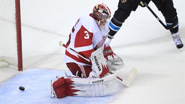 Branká Detroitu Jimmy Howard inkasuje. 