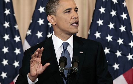 Barack Obama pi projevu k nepokojné situaci na Blízkém východ a v severní Africe. (19. kvtna 2011)