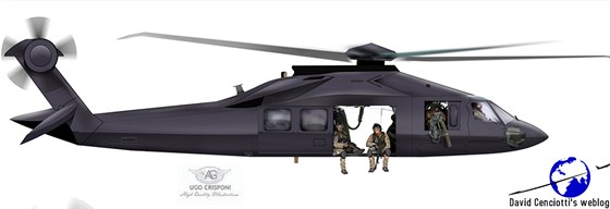 Jeden z moných vzhled modifikovaného vrtulníku Black Hawk podle Davida Cenciottiho