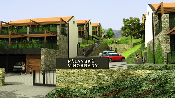 Vizualizace projektu Pálavské vinohrady. Kaskádovité apartmány na vininích svazích nabídnou výhled na jezero. 