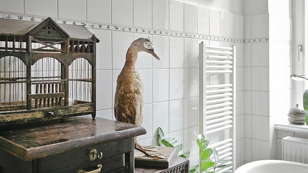 Koupelna je vybavena historickým nábytkem a vtí vlhkost mu, zdá se, vbec nevadí, stejn jako vycpaným vodním ptákm v tpytivých maskách, kteí vytváejí svéráznou dekoraci.