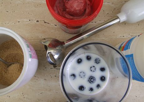 Pprava mlnho koktejlu: borvky a zmrzlinu do mlka zapracujeme tyovm mixrem.