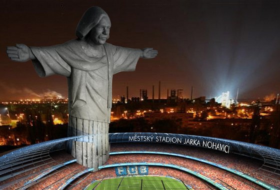 Smylená podoba nového stadionu Baníku Ostrava i se sochou Jarka Nohavici.
