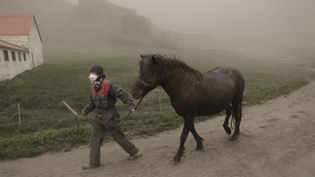 Farmáka z Horgslandu vede svého kon mraky sopeného popela (21. kvtna 2011)