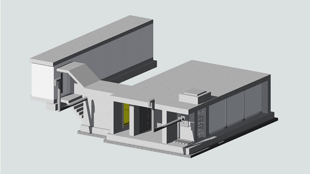 Vizualizace betonového bunkru.