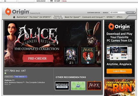 Internetové stránky herní distribuce Origin