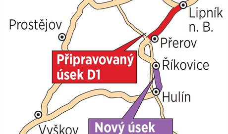 Mapa dlnin situace u Perova. D1 nyn vede do Hulna, ale do msce se prothne a do kovic, do ty let by pak ml stt sek z Perova do Lipnka.