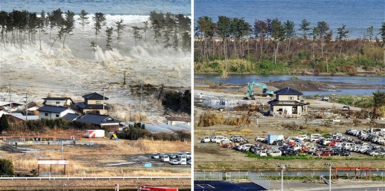 Niivá vlna tsunami se valí na japonské msto Natori...a stejné místo o 3 msíce pozdji