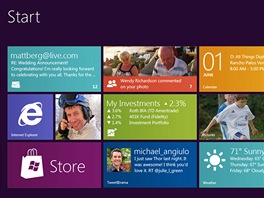 Windows 8 - vodn startovac obrazovka dv uivateli pehled o vech dleitch aktulnch udlostech (poas, e-maily, chaty, trhy, rozepsan dokumenty, atd.)