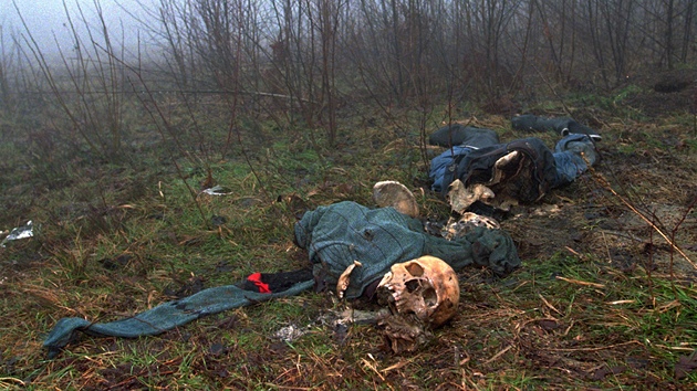 Ostatky obtí masakru ve Srebrenici