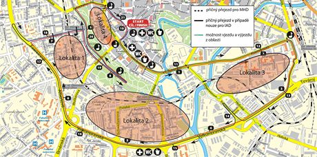 Trasa Olomouckho plmaratonu s vyznaem msty, kudy se lze dostat z a do vnitn oblasti ohranien zvodem.