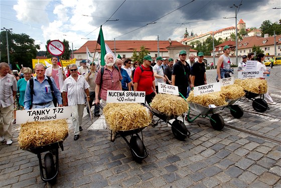 Demonstranti s balíky slámy pi protestním pochodu Prahou (16. ervna 2011)