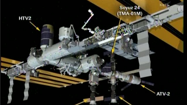 ISS a ti nákladní lodi s dvma dopravními Sojuzy