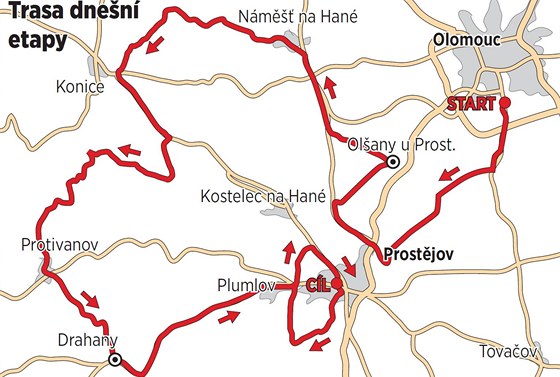 Mapa pten etapy Czech Cycling Tour 2011 Olomouckem a Prostjovskem. Zvod