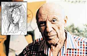 Pablo Picasso a jeho kresba Tete de Femme (Hlava eny) z roku 1965.