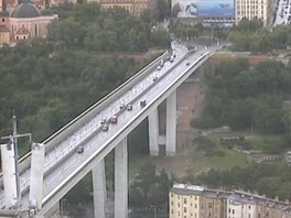 Pohled z kamery na prask Nuselsk most, kde dnes zaala dlouhodob