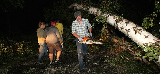 Hasii a místní lidé odstraují stromy, které ve stedu veer pi silné bouce zasypaly kemp Radeov u Rejtejna na umav.