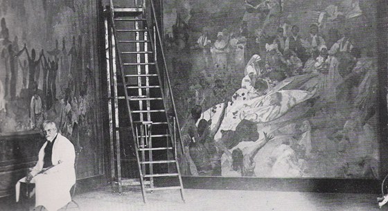 Alfons Mucha pi malování Slovanské epopeje na zámku Zbiroh