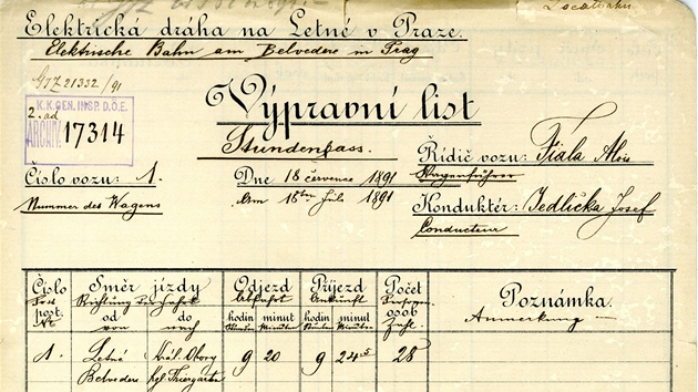 V Národním archivu je uloen výpravní list dokumentující první jízdu elektrické