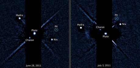 Snímky z Hubbleova teleskopu z ervna a ervence 2012 ukazují nový objekt P4,...