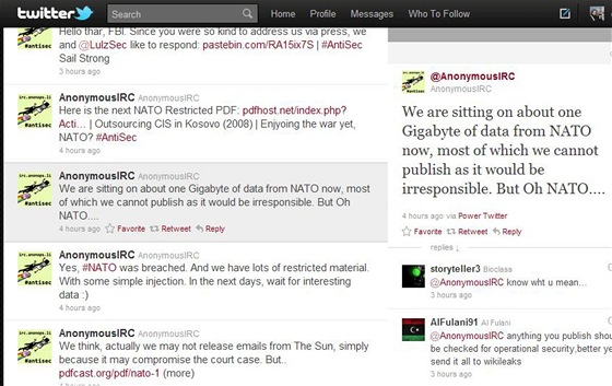 Tweet s prohláením skupiny Anonymous ke krádei dat NATO.