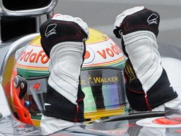 TRIUMF. Lewis Hamilton zvedá ruce nad hlavu. U ví, e vítzství ve Velké cen