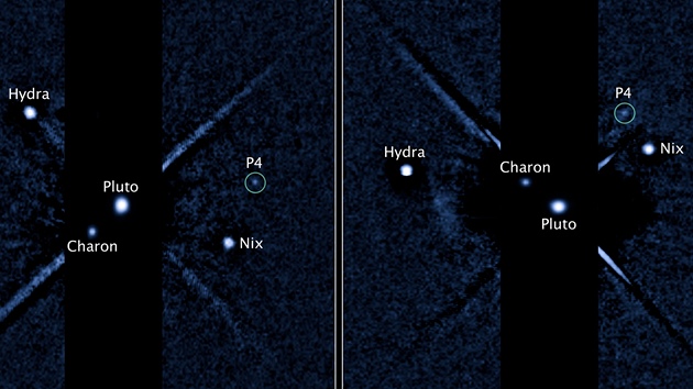 Snmky z Hubbleova teleskopu z ervna a ervence 2012 ukazuj nov objekt P4, tedy nov msc Pluta.