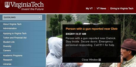 Webové stránky polytechnické univerzity ve Virginii, které varují ped