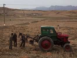 Severokorejci kontrolují pluh prastarého traktoru na políku jin od metropole