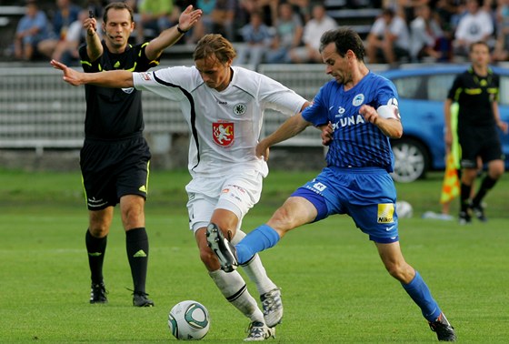 V nedávném ligovém souboji Liberec na hradeckém stadionu vyhrál 3:0; na snímku z tohoto utkání bojuje hradecký Dvoák (vlevo) s libereckým Jan.