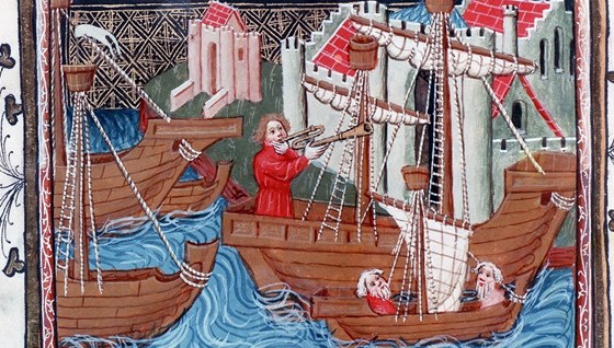 Ilustrace z knihy Milion Marca Pola. Setkání s indickou lodí.