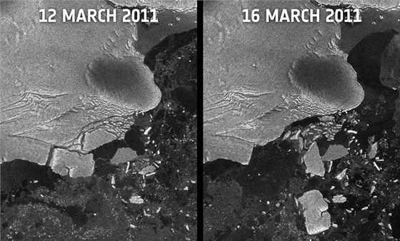 Kombinovaný snímek ledovce odtreného od beh Antarktidy beznovým tsunami, který poídila Evropská vesmírná agentura ESA (datum poízení fotografií 12. a 16. bezna)