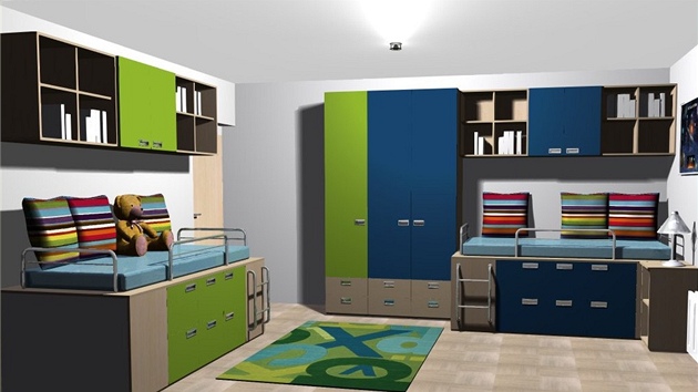 První varianta eení pokoje pro dva chlapce. V interiéru pevládá zelená barva.