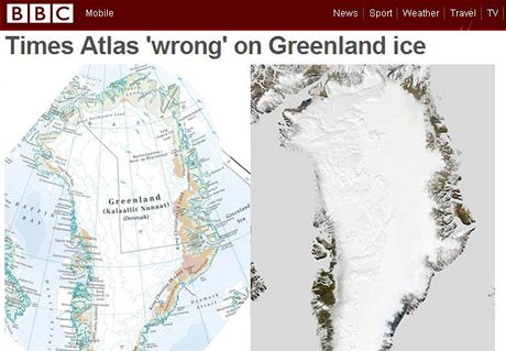 Nalevo je Grónsko, jak ho zobrazuje The Times Atlas of the World, a vpravo je
