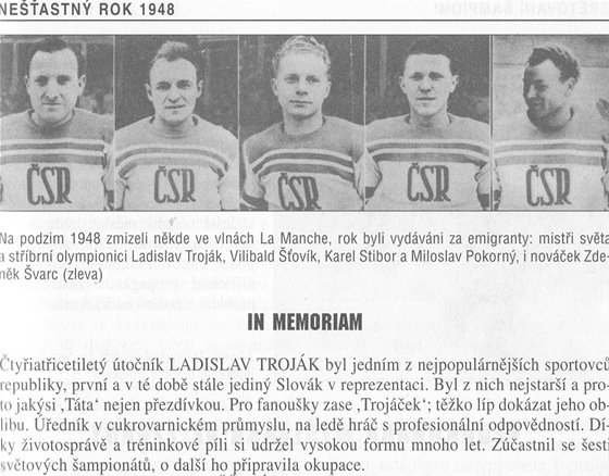 Hokejisté, kteí zahynuli pi leteckém netstí v roce 1948. Autor: Jií Mack, Obtovaní ampioni