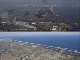 Zdevastované pobeí Japonska v okolí msta Sendaj na snímku z 12. bezna a