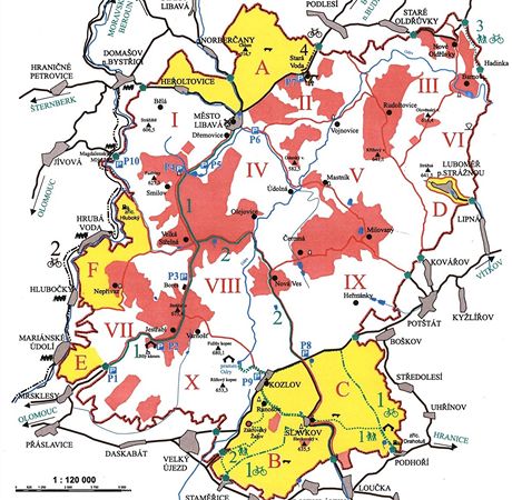 Mapka vojenskho jezdu Libav. lutou barvou jsou vyznaen sektory, kter se