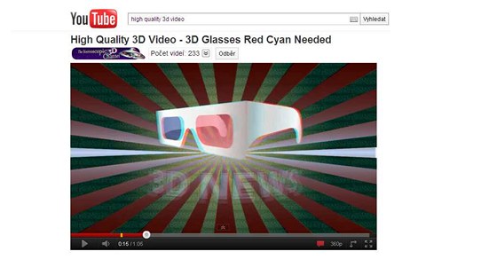 3D video na YouTube má vlastní kanál.