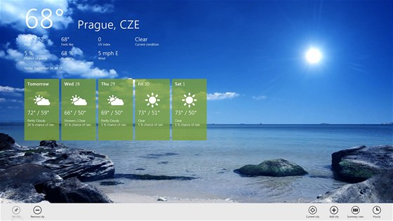 Menu aplikace ve Windows 8 pi vytaení prstem z dolní hrany