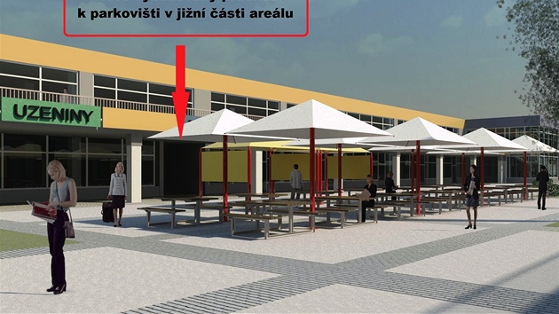 Vizualizace nového vyuití areálu Bezinky: pohled na restauraci.