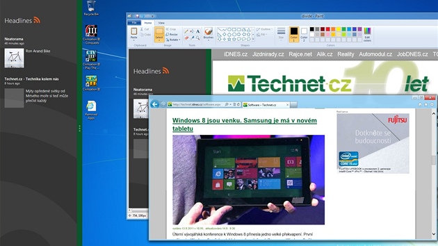 Porovnání rozdlení plochy Windows 8 pro dv bící aplikace a klasického...
