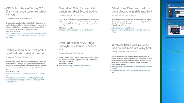 Porovnání rozdlení plochy Windows 8 pro dv bící aplikace. Roztaená RSS...