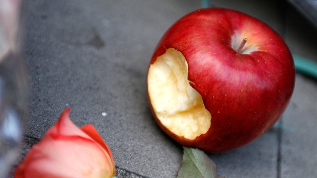 Nakousnut jablko, pipomnajc slavn logo Applu le spolu s kvtinami ped obchodem Shibuya Apple v japonskm Tokiu. (6. jna 2011)