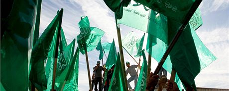Palestinci s vlajkami hnutí Hamas. Ilustraní snímek