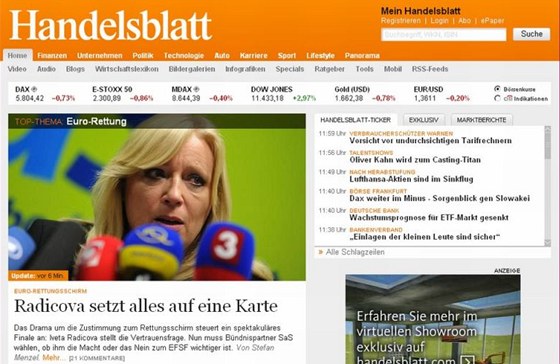 Slovenská tahanice o euroval se tyila na hlavní stránce nmeckého Handelsblatt
